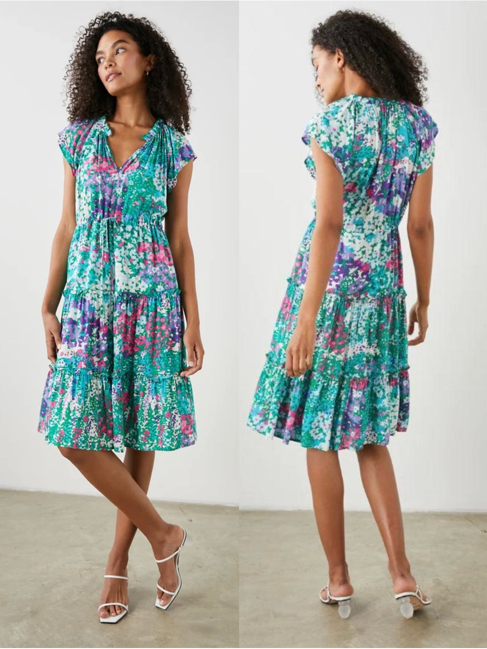 RAILS Juni Gardenia Floral Garden Short Sleeve Tiered V-Neck Sundress Dress New
